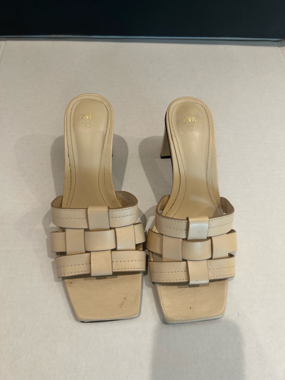 ZARA Cream Braided  Woven Square-Toe Block Heel Mules